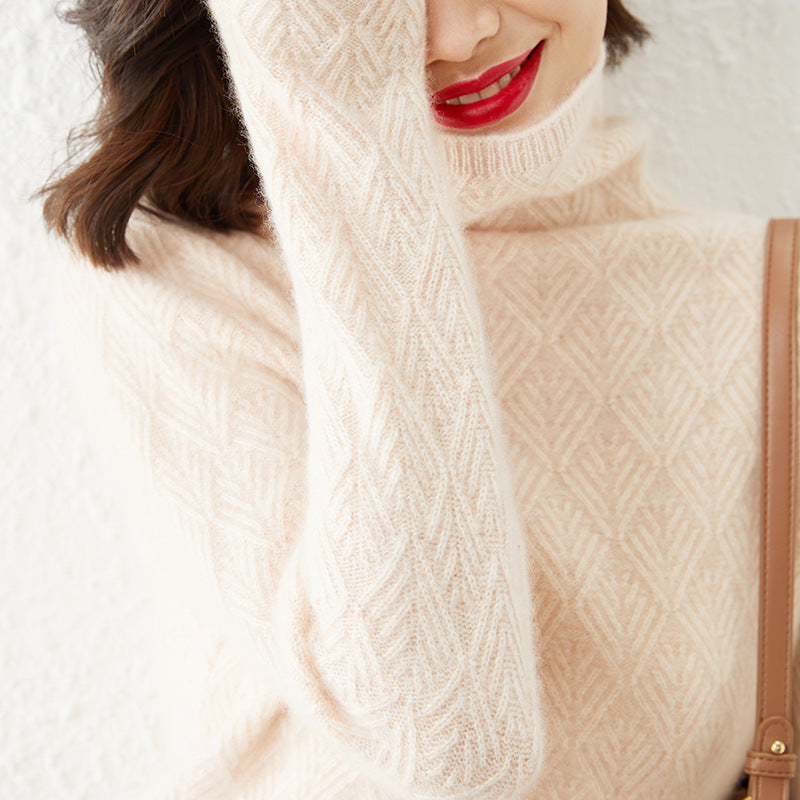 Damen Luxuriöser Mohair‑Mix Rollkragenpullover mit diamantgewNord Taschenter Ajourstruktur Nord Taschen