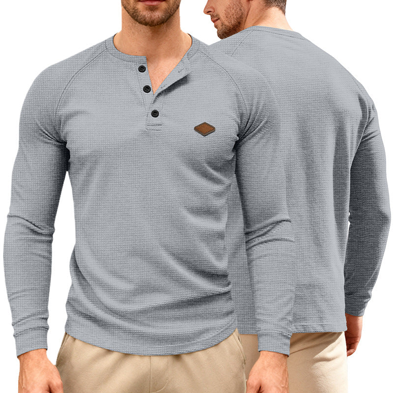 Herren nan Waffelstrick-Henley Langarmshirt mit Raglanärmeln, Halbknopfleiste und Lederlabel Nord Taschen