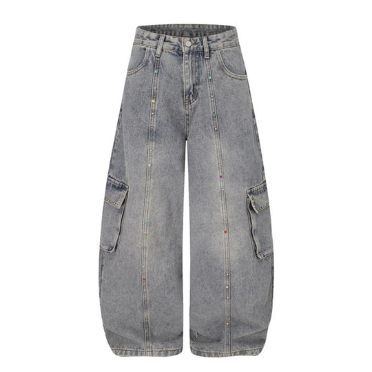 Damen Extraweite Cargo‑Palazzo‑Jeans mit hoher Taille, aufgesetzten Taschen und Strassbesatz Nord Taschen