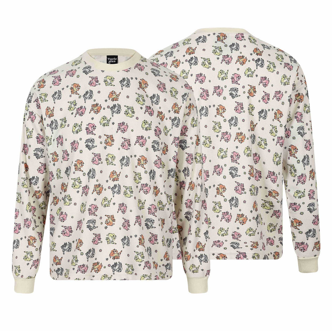 Damen Waffel‑Thermalshirt mit verspieltem Allover‑Print und geripptem Rundhals Nord Taschen