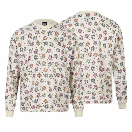 Damen Waffel‑Thermalshirt mit verspieltem Allover‑Print und geripptem Rundhals Nord Taschen