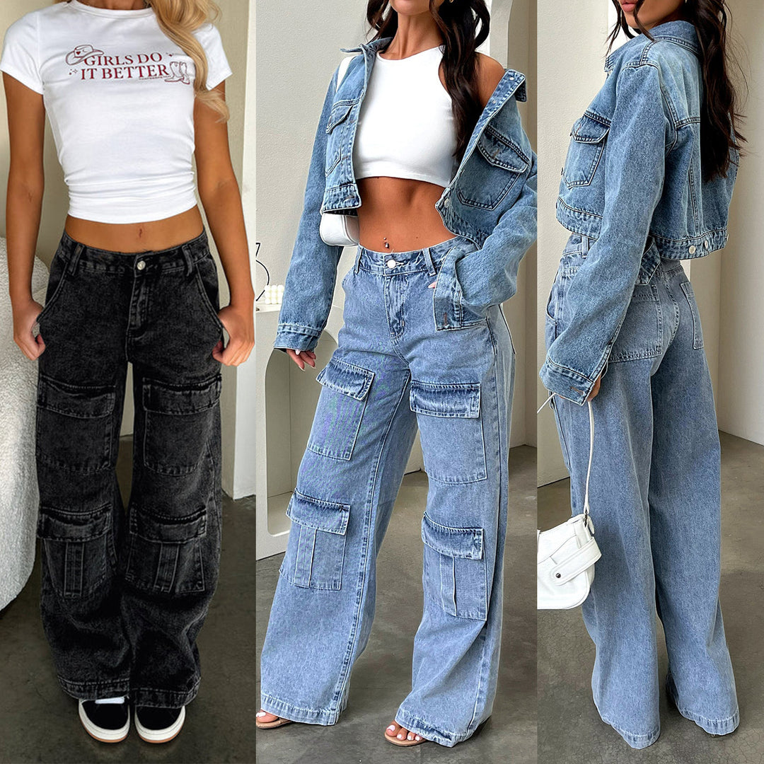 Damen High‑Waist Utility-Denimhose mit aufgesetzten Knie-Patches, Cargo‑Taschen und weitem Schlag Nord Taschen