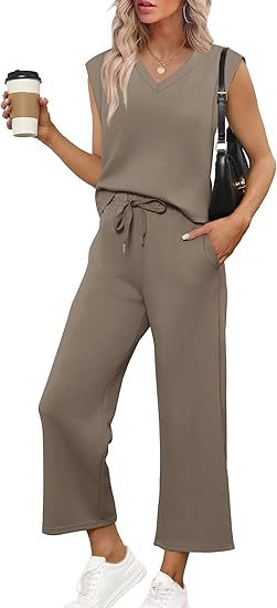Damen Lässiges Zweiteiliges Lounge-Set mit Ärmellosem V-Neck-Top und Weiten Kordelbund-Hosen Nord Taschen