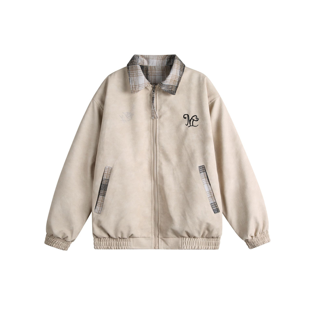 Damen Kurz geschnittene Boxy‑Jacke aus Wildleder‑Optik mit kariertem Kragen und elastischem Saum Nord Taschen
