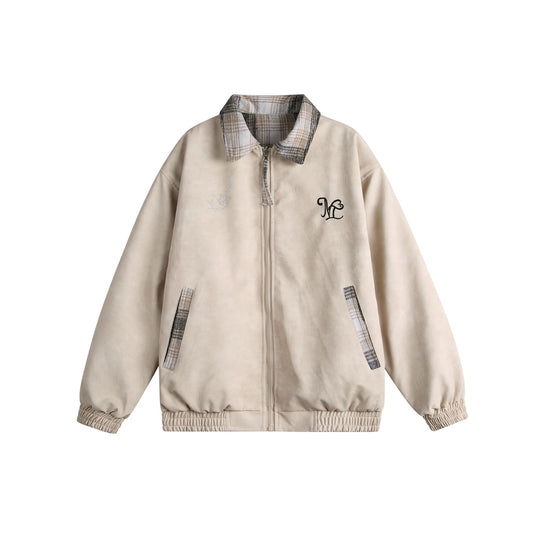 Damen Kurz geschnittene Boxy‑Jacke aus Wildleder‑Optik mit kariertem Kragen und elastischem Saum Nord Taschen