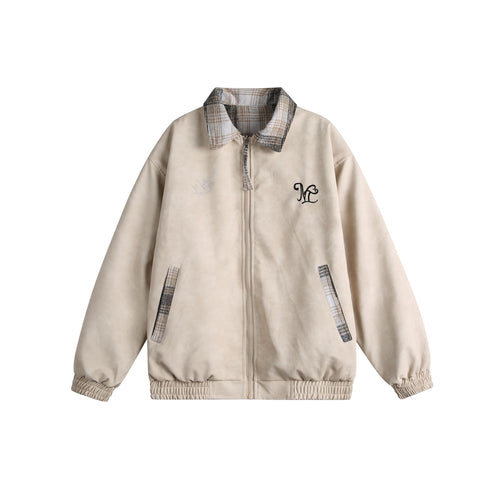 Damen Kurz geschnittene Boxy‑Jacke aus Wildleder‑Optik mit kariertem Kragen und elastischem Saum Nord Taschen
