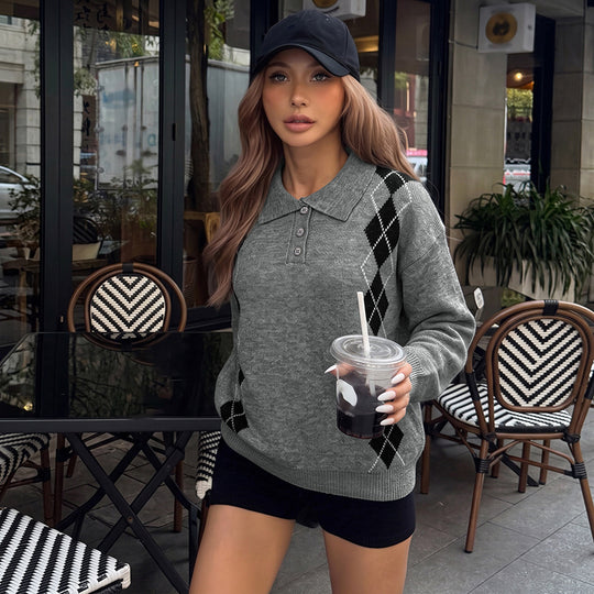 Damen Eleganter Strickpullover mit Polo-Kragen und Rautenmuster Nord Taschen