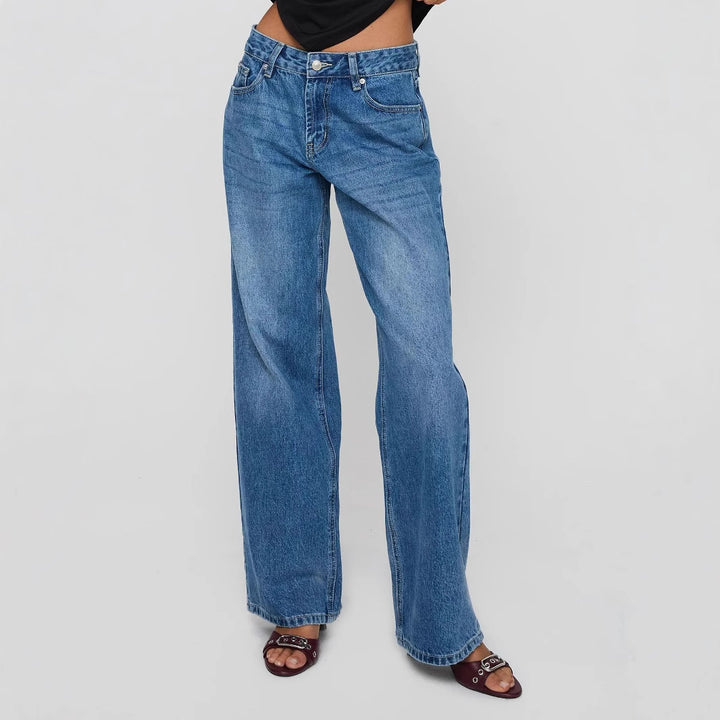 Damen weite Jeans mit hoher Taille, geradem Bein und entspanntem Sitz Nord Taschen