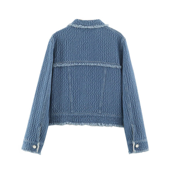 Damen Kurz geschnittene Bouclé-Tweed-Boxy-Jacke mit Fransenbesatz und aufgesetzten Klappentaschen Nord Taschen