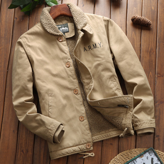 Herren Vintage-inspirierter Canvas-Fliegerblouson mit voluminösem Sherpa-Futter, zweifacher Frontöffnung und verstärkten Taschen Nord Taschen