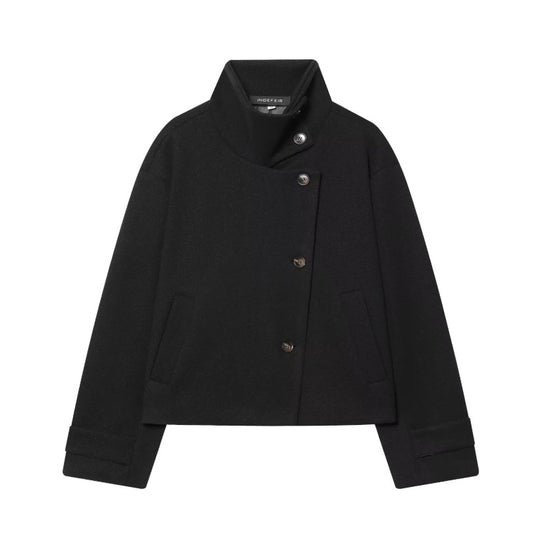 Damen Cropped Wollmix-Kurzjacke mit hohem Stehkragen, asymmetrischer Knopfleiste und Krempelmanschetten Nord Taschen