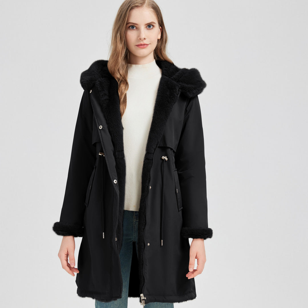 Damen nan taillierter langer Thermoparka mit Webpelzbesatz an Kapuze und Ärmeln sowie Kordeltaille Nord Taschen