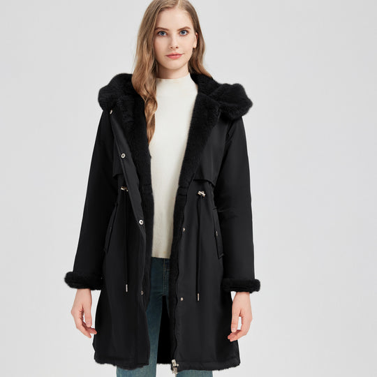 Damen nan taillierter langer Thermoparka mit Webpelzbesatz an Kapuze und Ärmeln sowie Kordeltaille Nord Taschen
