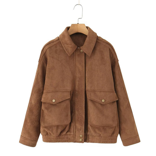 Damen Oversize Wildlederoptik-Bomberjacke mit Pattentaschen und elastischem Saum Nord Taschen