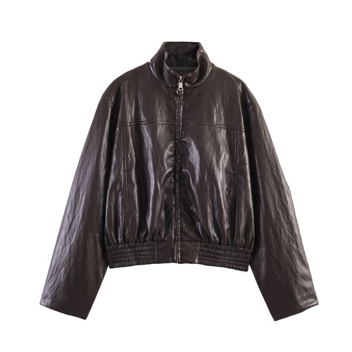 Damen Oversized Bomberjacke in Lederoptik mit hohem Stehkragen und gerafftem Taillenbund Nord Taschen