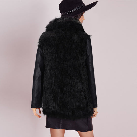 Damen Kunstpelz‑Mixjacke mit veganen Lederärmeln und Longline‑Silhouette Nord Taschen