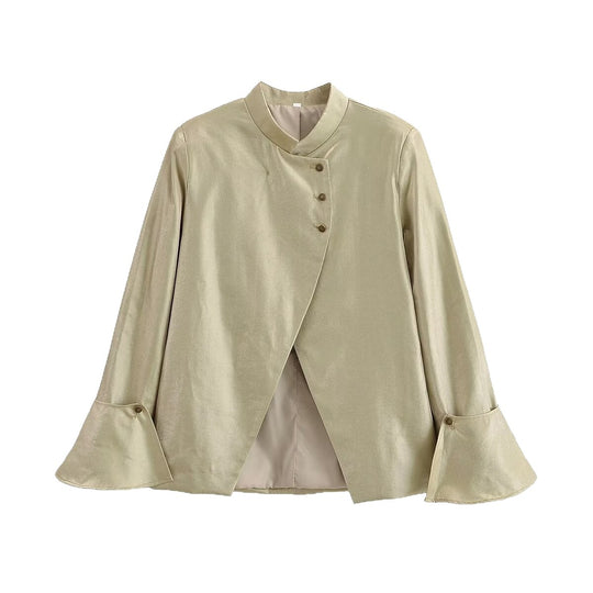 Damen Asymmetrische Satin-Bluse-Jacke mit Mandarinkragen und Glockenärmeln Nord Taschen