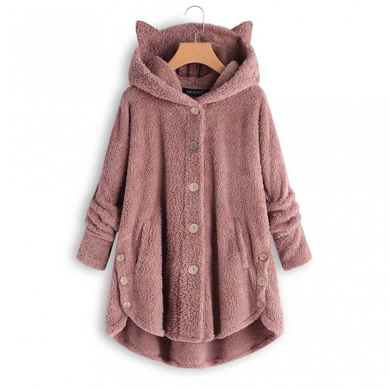 Damen Kapuzen-Teddy-Mantel mit Katzenohren, Knopfleiste und asymmetrischem Saum Nord Taschen