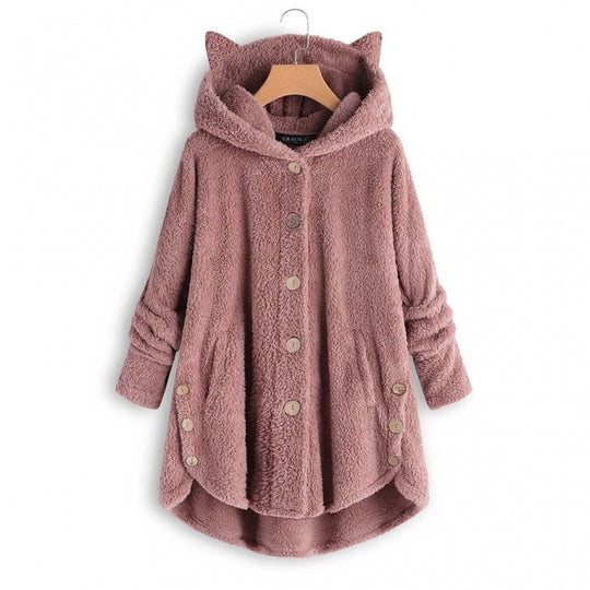 Damen Kapuzen-Teddy-Mantel mit Katzenohren, Knopfleiste und asymmetrischem Saum Nord Taschen