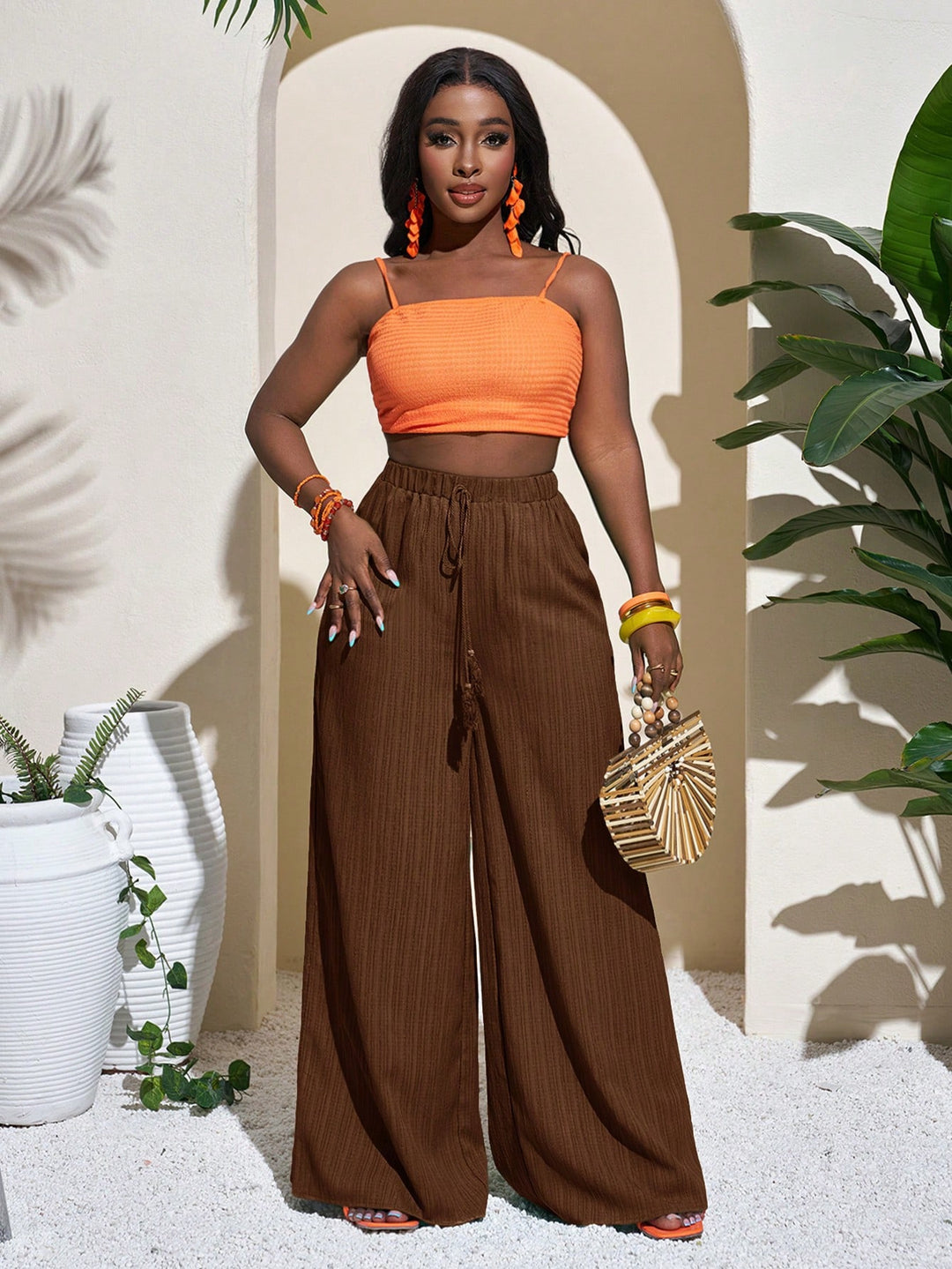 Damen Palazzo-Hose mit hohem Bund, elastischem Kordelzug und weitem Bein Nord Taschen