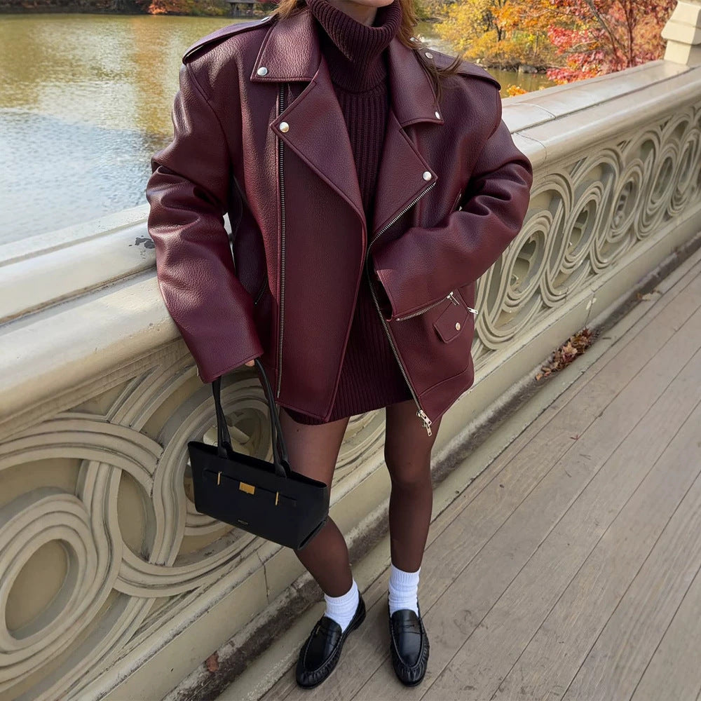 Damen Oversize Bikerjacke aus Struktur-Kunstleder mit asymmetrischem Reißverschluss Nord Taschen
