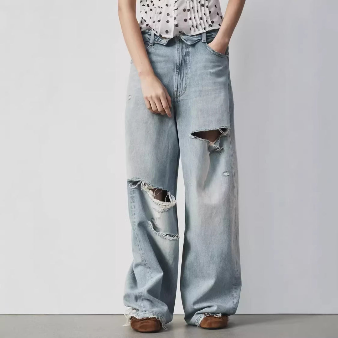 Damen Weite High‑Waist Jeans mit markanter Riss‑ und Used‑Optik Nord Taschen