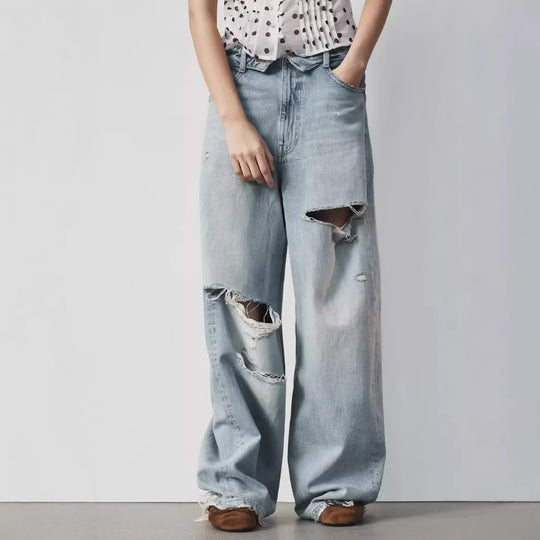 Damen Weite High‑Waist Jeans mit markanter Riss‑ und Used‑Optik Nord Taschen