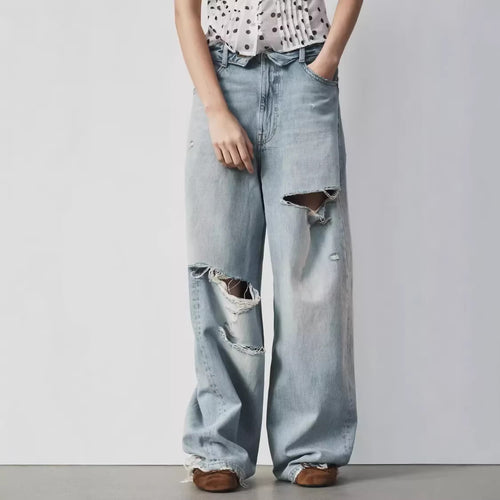 Damen Weite High‑Waist Jeans mit markanter Riss‑ und Used‑Optik Nord Taschen