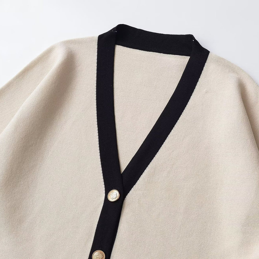 Damen Kurzärmeliger Strick-Cape-Cardigan mit Kontrastblende Nord Taschen