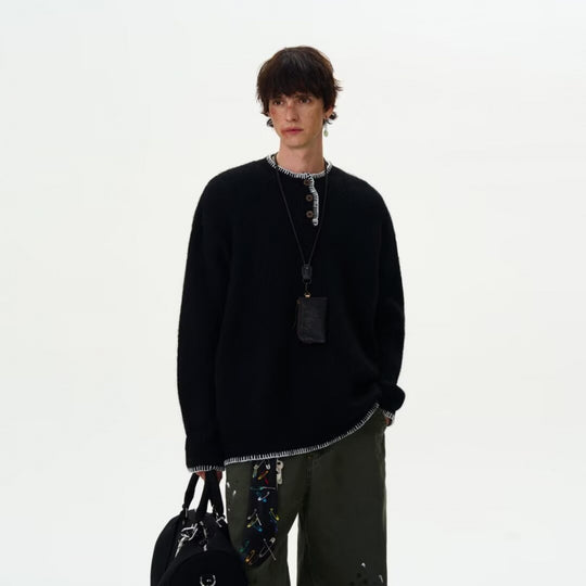 Herren Grobstrick-Henley-Pullover mit Bouclé-Optik und kontrastierten Bündchen Nord Taschen
