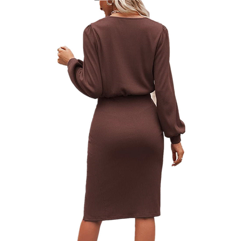 Damen Midikleid mit tailliertem Wickeleffekt, Langarm und hohem Beinschlitz Nord Taschen