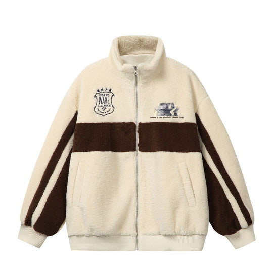 Unisex Sherpa‑Fleecejacke im Boxy‑Cut mit Stehkragen, Blockstreifen und Stickdetails Nord Taschen