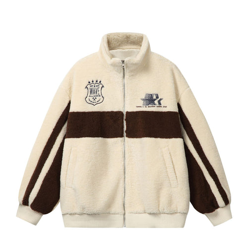 Unisex Sherpa‑Fleecejacke im Boxy‑Cut mit Stehkragen, Blockstreifen und Stickdetails Nord Taschen