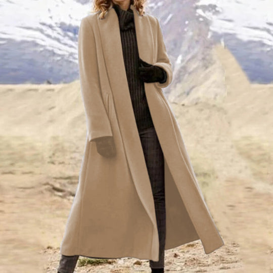 Damen eleganter langer Wollmix-Mantel mit offenem Fall und seitlichen Eingrifftaschen Nord Taschen