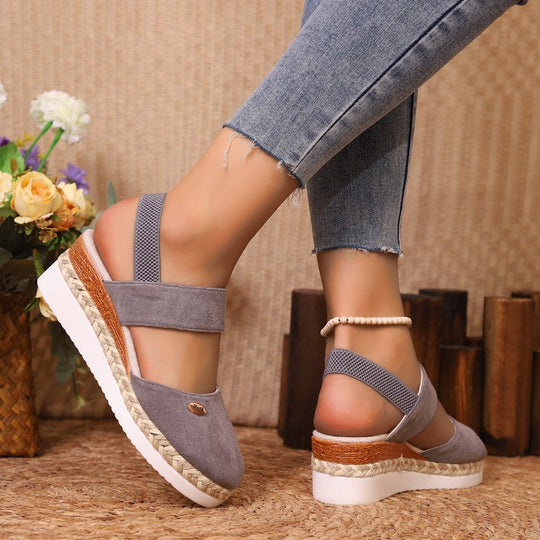 Damen  Espadrille-Keilpantoletten mit elastischem Fersenriemen, Veloursoptik-Obermaterial und geflochtenem Jute-Plateau Nord Taschen