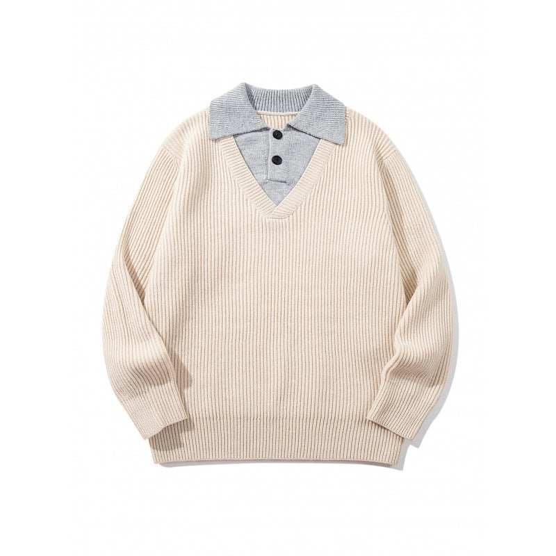 Unisex Grobstrick-Kastenpullover mit V-Ausschnitt und kontrastierendem Polo-Knopfkragen Nord Taschen