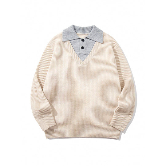 Unisex Grobstrick-Kastenpullover mit V-Ausschnitt und kontrastierendem Polo-Knopfkragen Nord Taschen