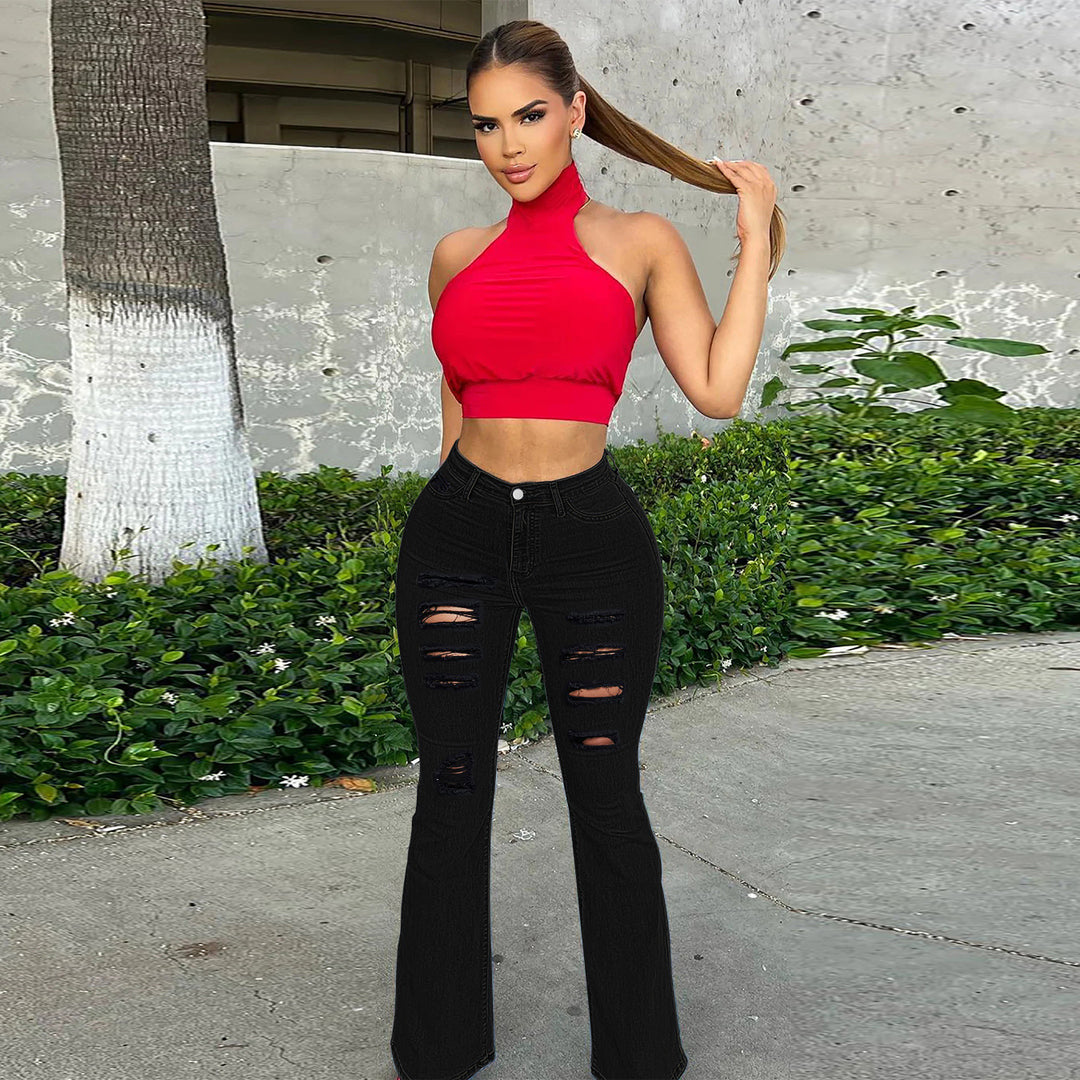 Damen High-Waist Schlaghose im Stretch-Denim mit mehrfachem Destroyed-Effekt Nord Taschen