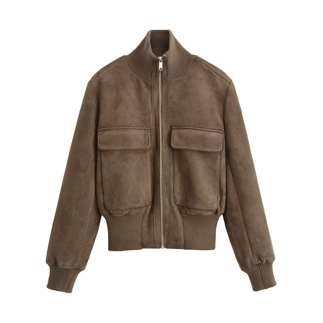 Damen Bomberjacke aus Wildlederoptik mit großen Pattentaschen und Rippbündchen Nord Taschen