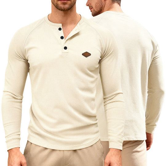 Herren nan Waffelstrick-Henley Langarmshirt mit Raglanärmeln, Halbknopfleiste und Lederlabel Nord Taschen