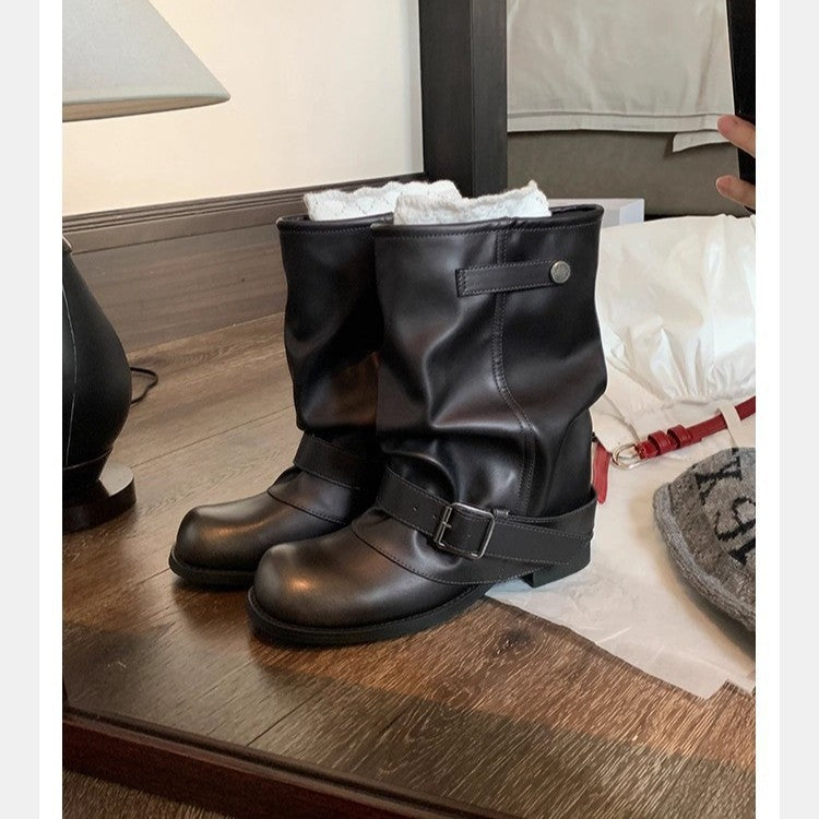 Damen Mid-Calf Bikerstiefel aus Glattleder mit verstellbarem Schnallenriemen Nord Taschen