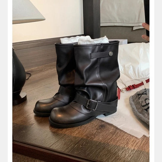 Damen Mid-Calf Bikerstiefel aus Glattleder mit verstellbarem Schnallenriemen Nord Taschen