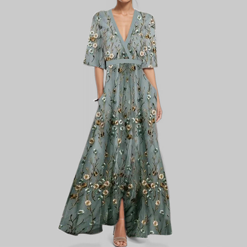 Elegantes V-Ausschnitt Bedrucktes Taillenkleid mit Schößchen