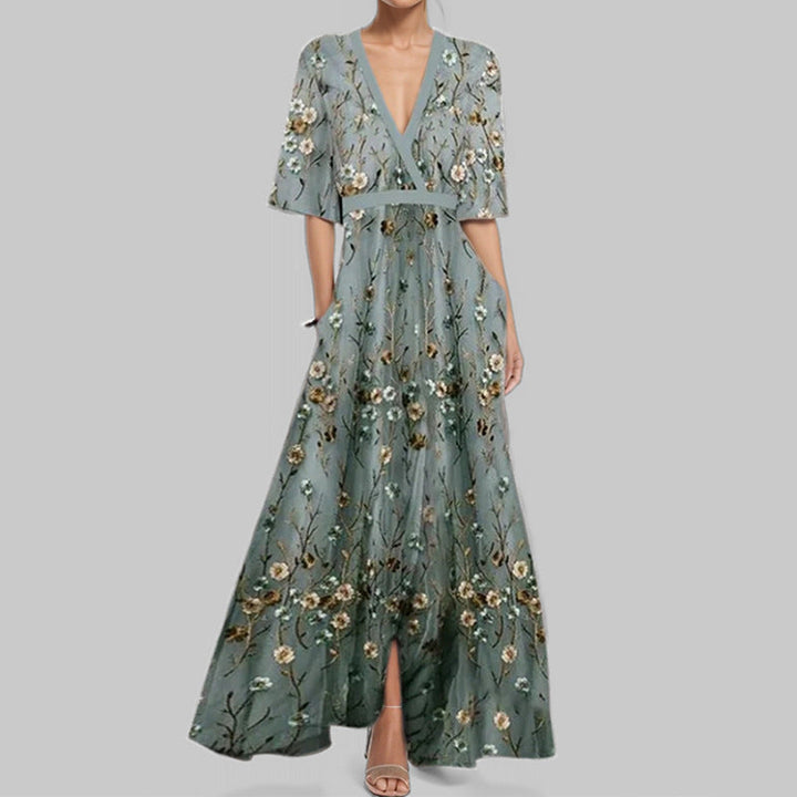 Elegantes V-Ausschnitt Bedrucktes Taillenkleid mit Schößchen