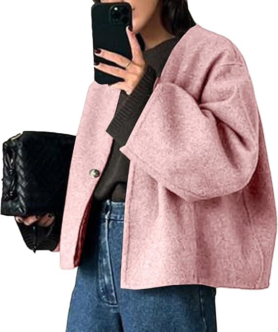 Damen Kurz geschnittene Oversize Wolljacke mit kastigem Schnitt und Ein-Knopf-Verschluss Nord Taschen