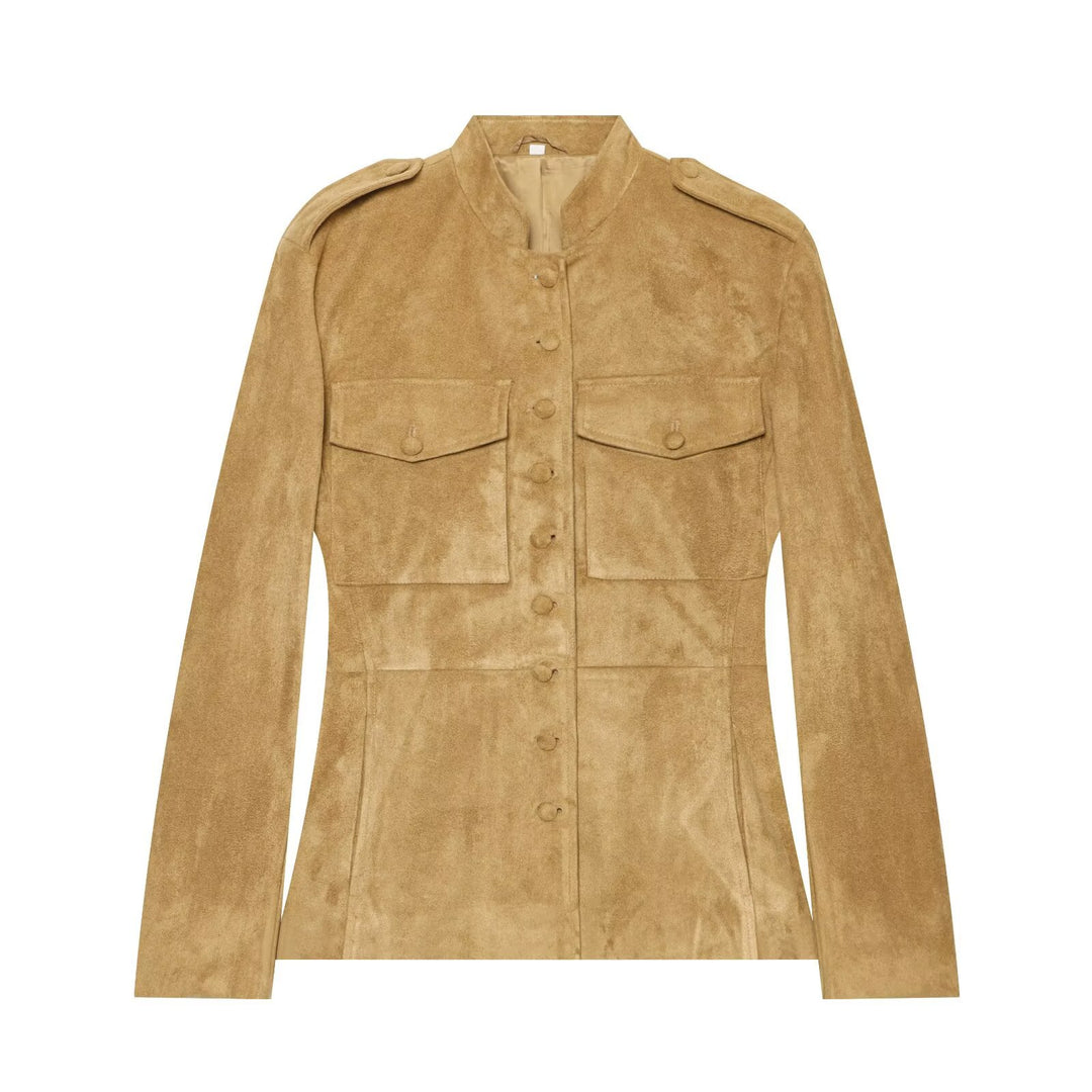Damen Taillierte Wildlederoptik-Jacke im Military‑Stil mit Stehkragen und Schulterklappen Nord Taschen