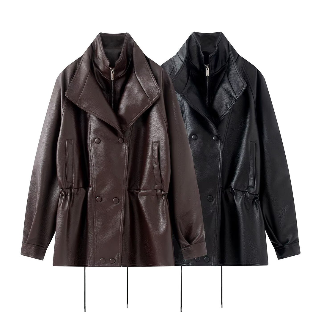 Damen Doppelreihige Kunstlederjacke mit Stehkragen, weitem Revers und Tunnelzug Nord Taschen