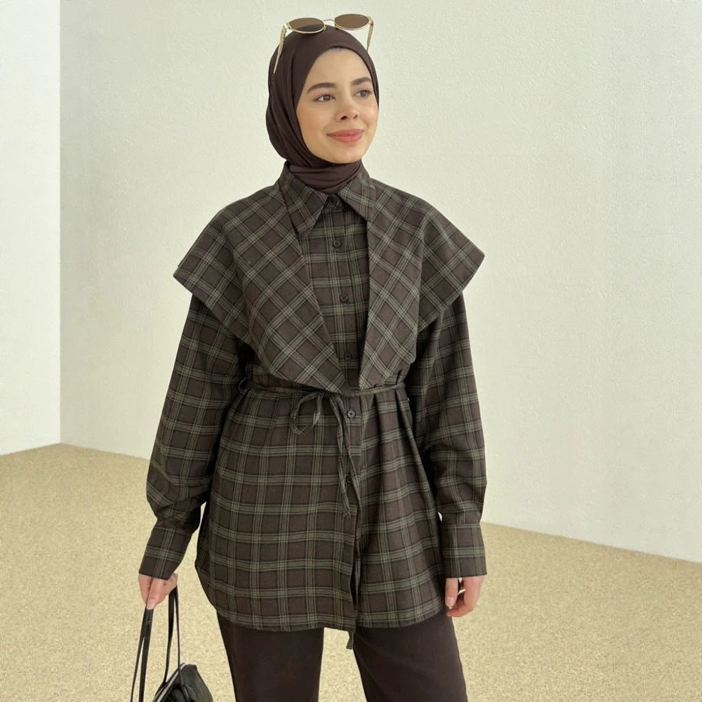 Damen Oversize-Kariertes Hemd mit Taillengürtel und verlängertem Rückensaum Nord Taschen