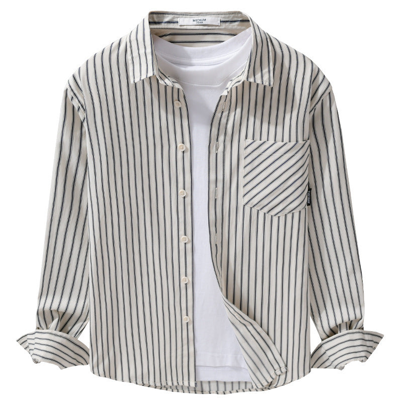 Herren Nadelstreifen-Langarm-Hemdjacke im Overshirt‑Stil aus leichtem Baumwollmix mit diagonaler Brusttasche Nord Taschen