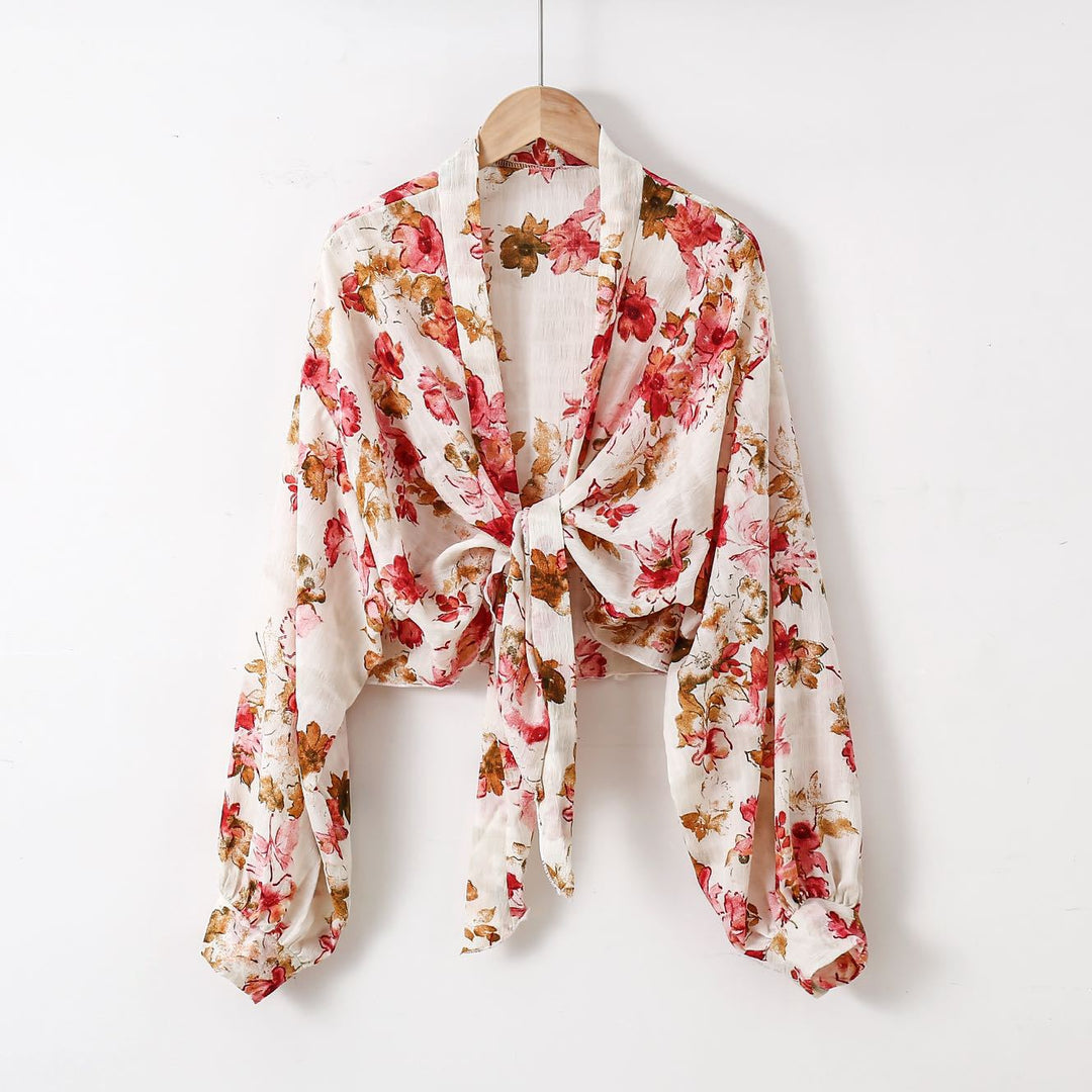 Damen nan florale Knoten-Bluse im Wickelstil mit Ballonärmeln und leichter Leinenoptik